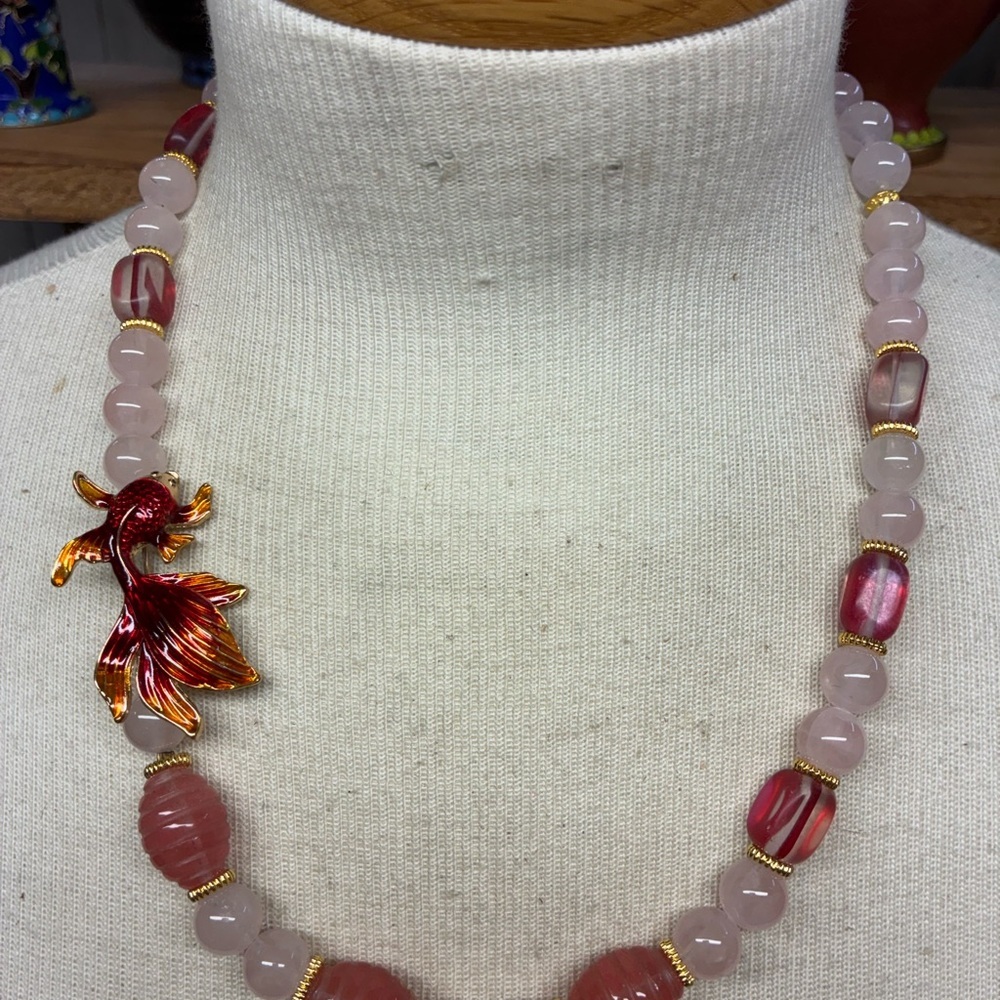 Elegant rose and cherry qtr and Gold Necklace with Artistic Fish Pendant